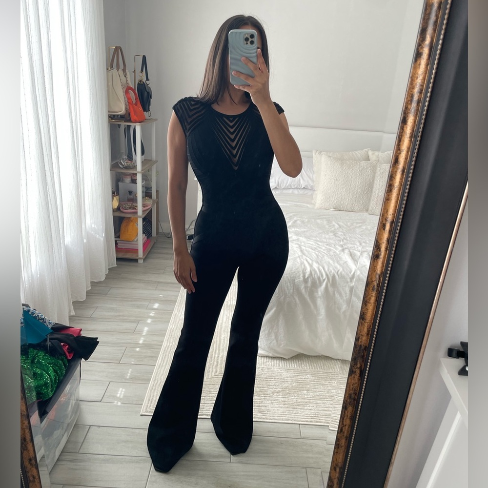 Herve Leger Black Marian Bandage Wide-Leg Flare Jumpsuit - Picture 2 of 7